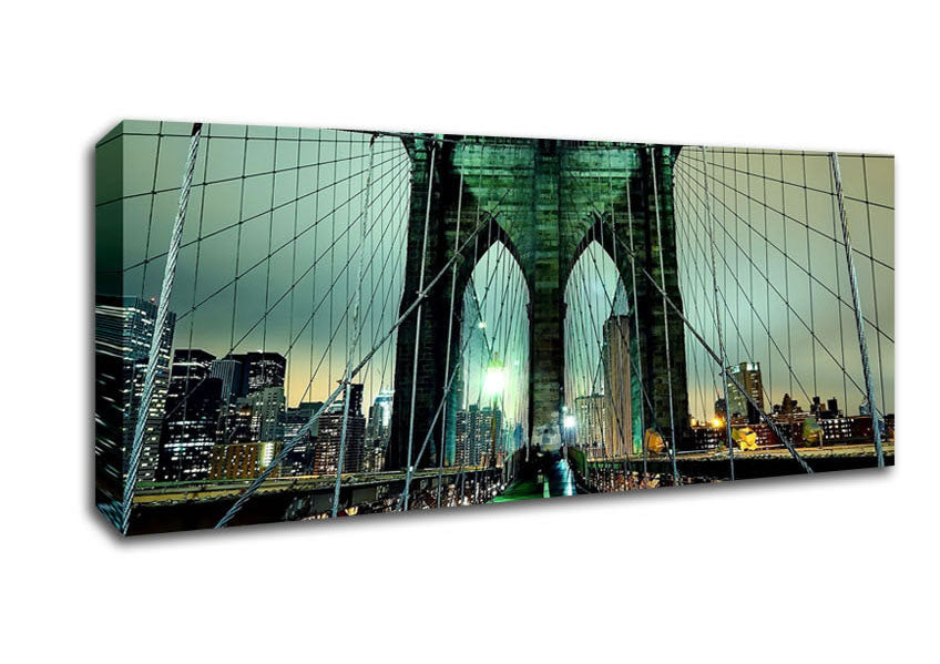 Picture of Brooklyn Bridge At Night Green Glow Panoramic Canvas Wall Art