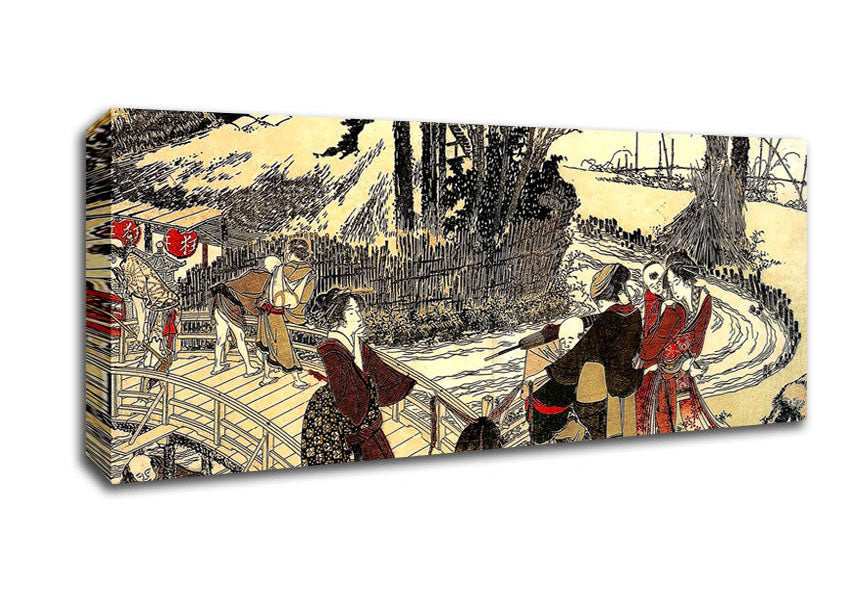 Picture of Hokusai Village Near A Bridge Panoramic Canvas Wall Art