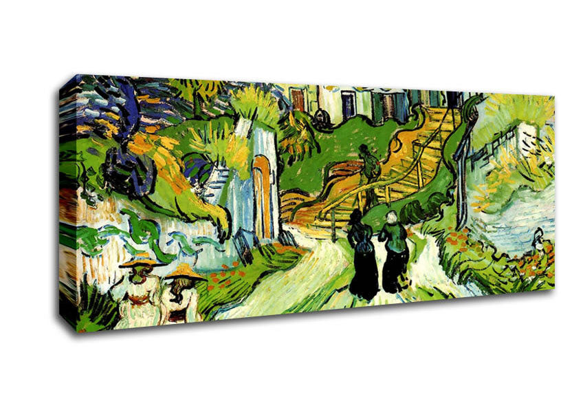 Picture of Vincent Van Gogh Village Street And Steps In Auvers With Figures Panoramic Canvas Wall Art