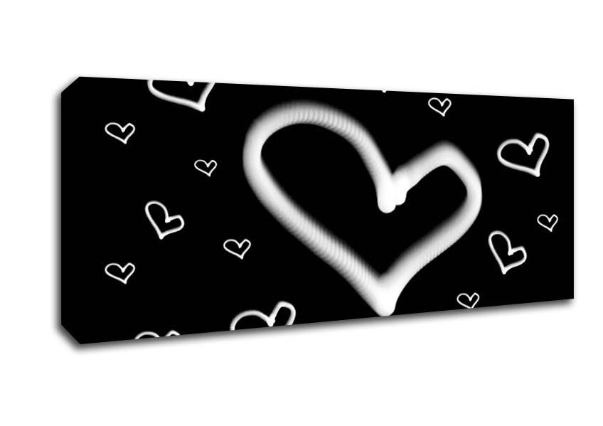 Picture of Love Hearts White On Black Panoramic Canvas Wall Art