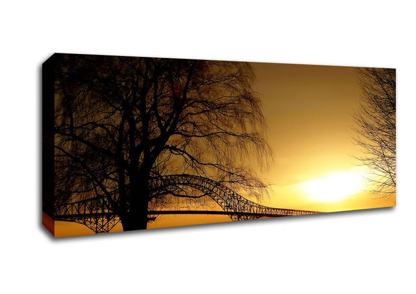 Picture of Bridge Over The Yellow Winter Lake Panoramic Canvas Wall Art