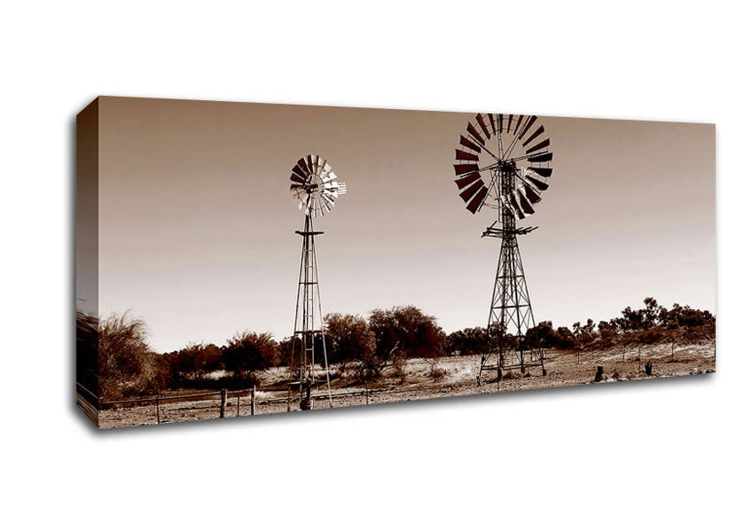 Picture of Australian Windmills Sepia Panoramic Canvas Wall Art