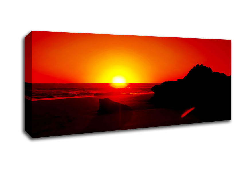 Picture of Red Rocky Ocean Sun Blaze Panoramic Canvas Wall Art