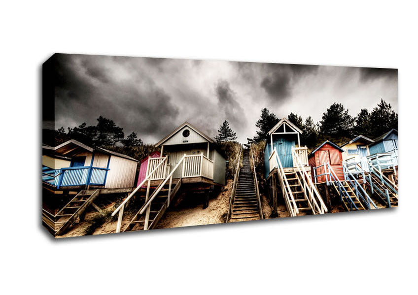 Picture of Beach Hut Storms Panoramic Canvas Wall Art