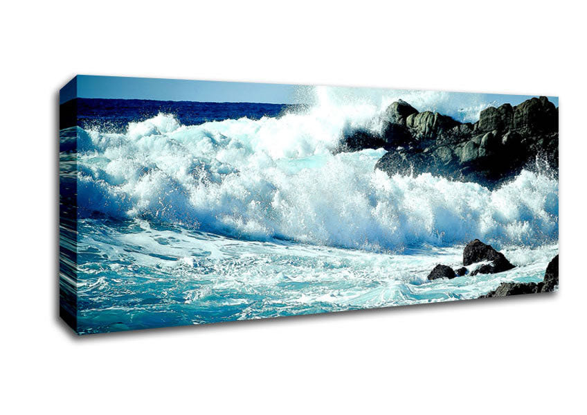 Picture of Waves Crashing On Rocks Panoramic Canvas Wall Art