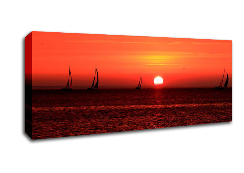 Picture of Sunset Boats In The Ocean Panoramic Canvas Wall Art