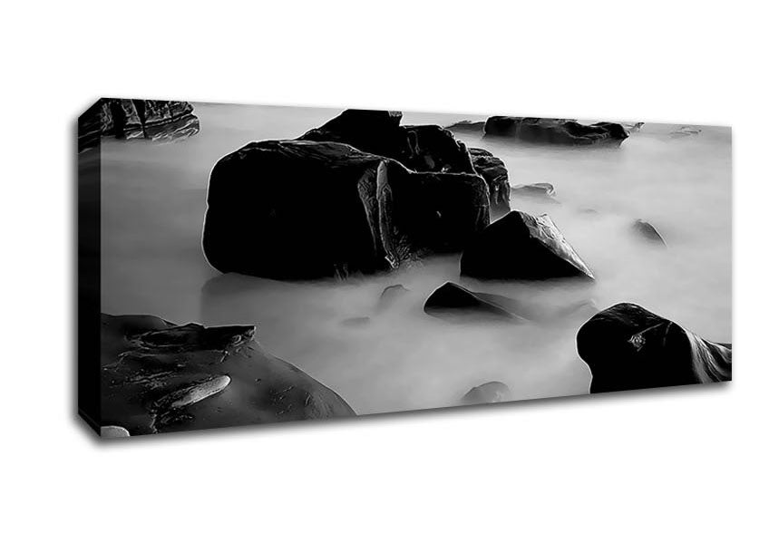 Picture of Misty Calm Ocean Rocks Black n White Panoramic Canvas Wall Art