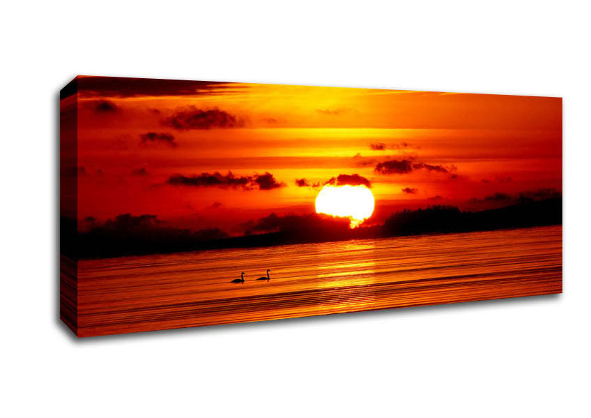 Picture of Swans On The Orange Ocean Reflection Panoramic Canvas Wall Art