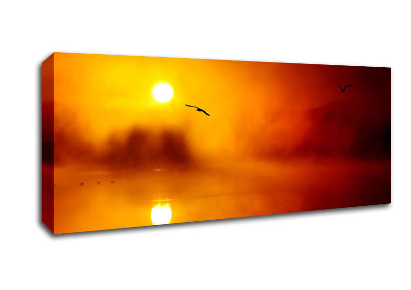 Picture of Birds Over The Golden Misty Lake Panoramic Canvas Wall Art