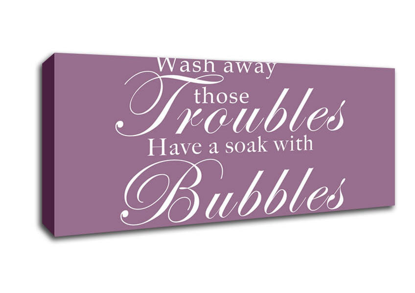 Picture of Bathroom Quote Wash Away Those Troubles Dusty Pink Panoramic Canvas Wall Art