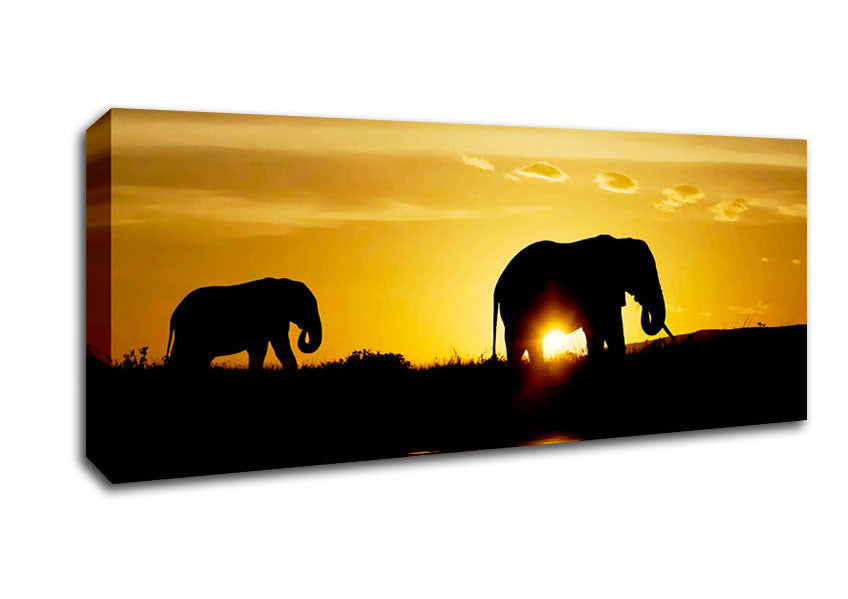 Picture of Elephants Watering Hole Panoramic Canvas Wall Art