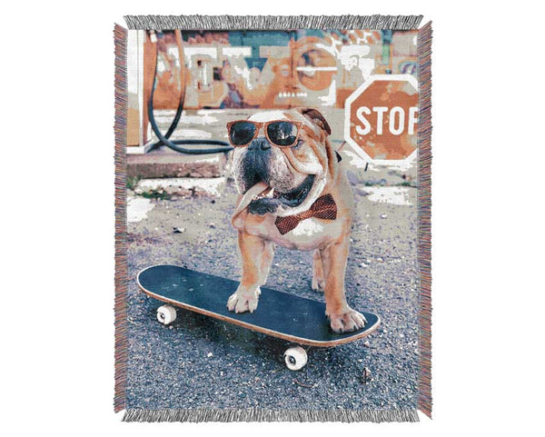 English Bulldog Skateboarding Woven Blanket