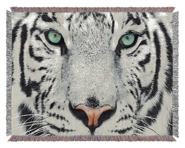 Green Eyed White Tiger Woven Blanket