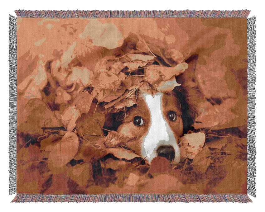 Dog In Autumn Leaves Woven Blanket