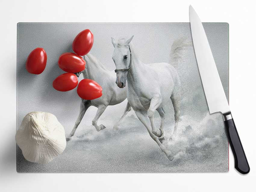 White Duo Horses Glass Chopping Board