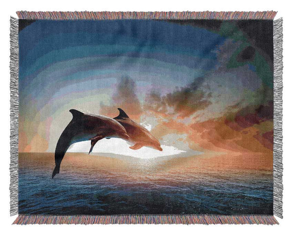 Jumping Sunset Dolphins Woven Blanket