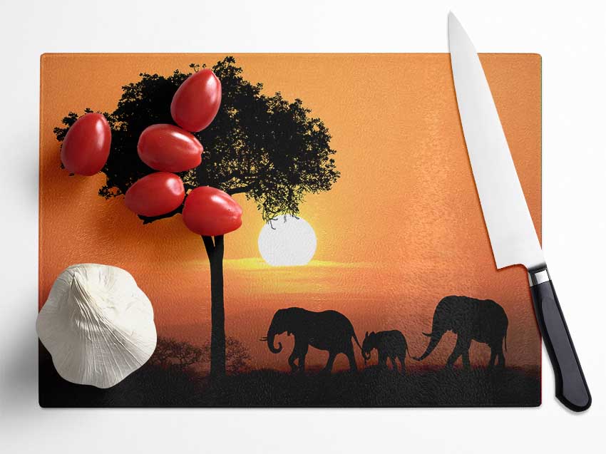 Elephant Safari Sunset Glass Chopping Board