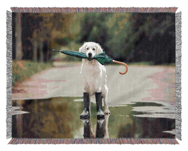 Dog Ready For A Walk In The Rain Woven Blanket