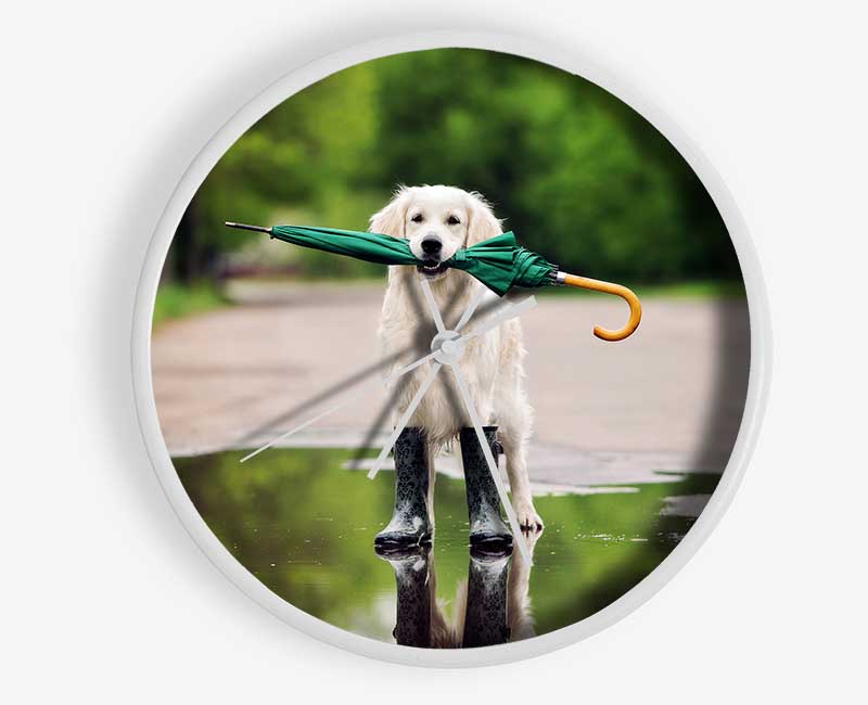 Dog Ready For A Walk In The Rain Clock - Wallart-Direct UK