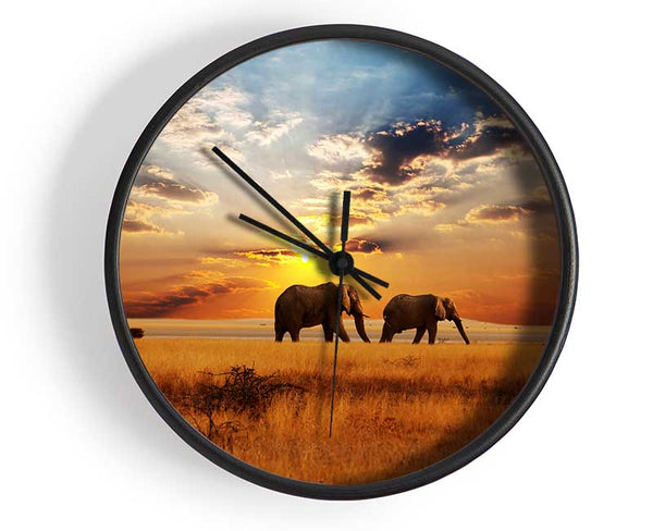 Elephant duo sunset Clock - Wallart-Direct UK