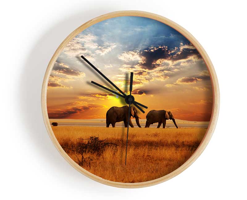 Elephant duo sunset Clock - Wallart-Direct UK