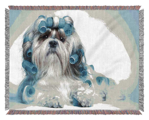 Shih Tzu Dog In Curlers Woven Blanket