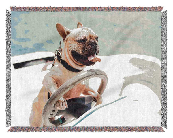 Speed boat French bulldog Woven Blanket