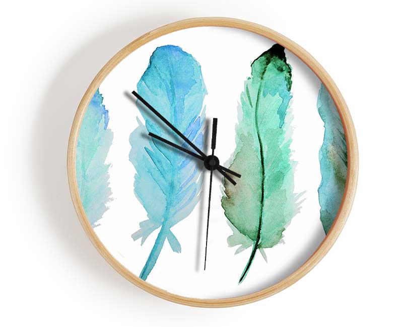 Green Blue Indian Feathers Clock - Wallart-Direct UK