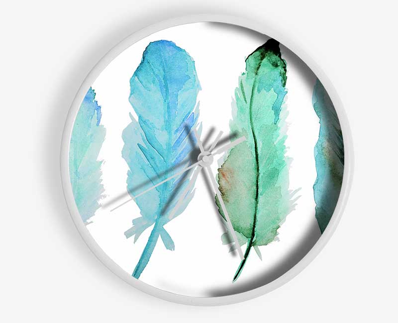 Green Blue Indian Feathers Clock - Wallart-Direct UK