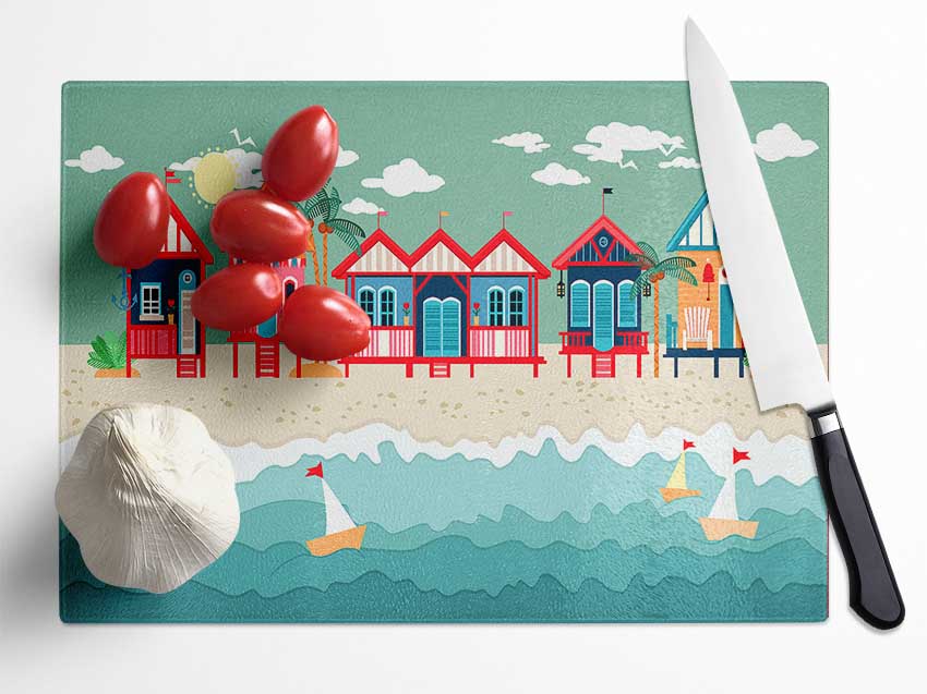 Beach Huts And Sailboats Glass Chopping Board