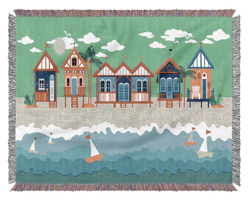 Beach Huts And Sailboats Woven Blanket