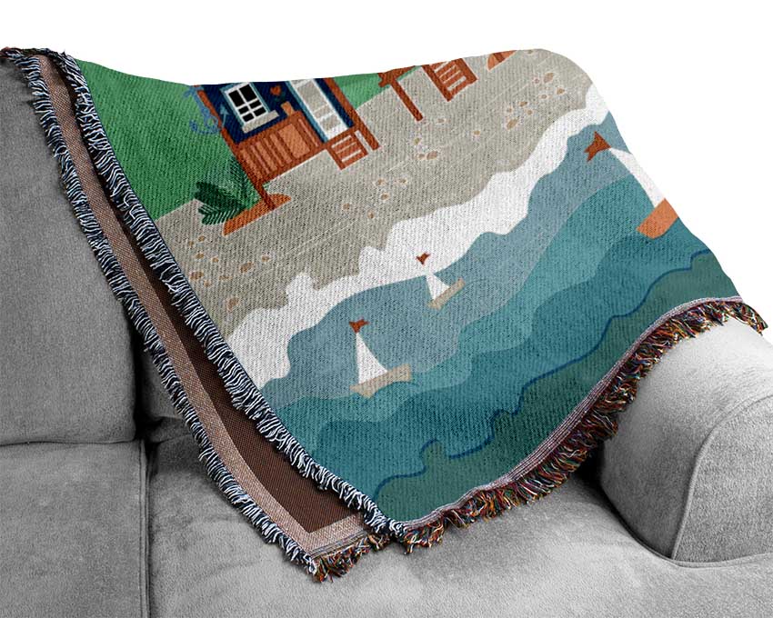 Beach Huts And Sailboats Woven Blanket