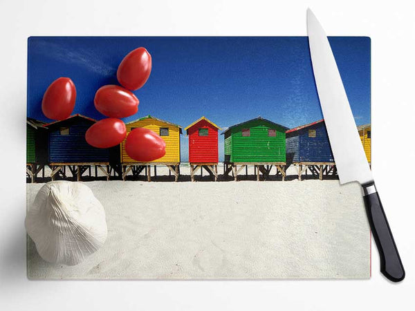 Beach Hut Skies Glass Chopping Board