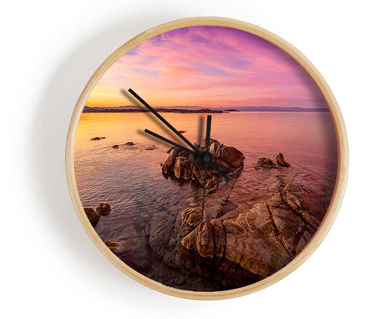 Pink Skies Over The Ocean Rocks Clock - Wallart-Direct UK