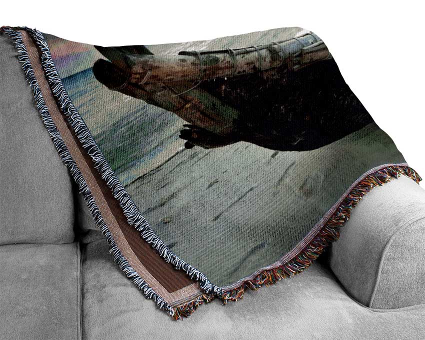 Fishing Boat At Dusk Woven Blanket