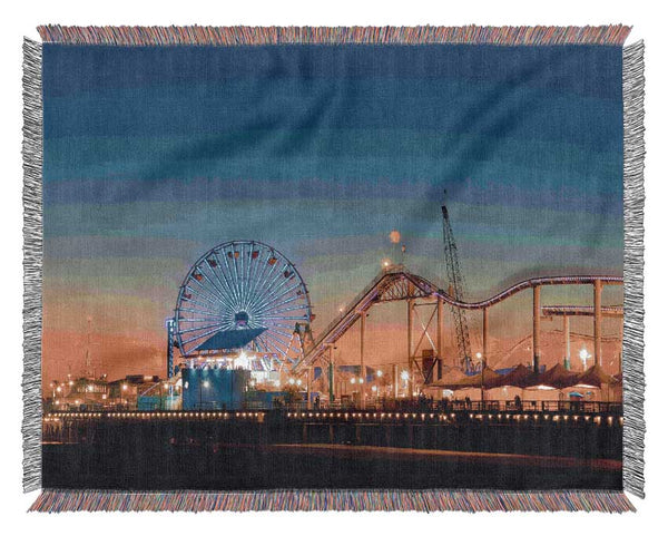 Santa Monica Pier At Dusk Woven Blanket