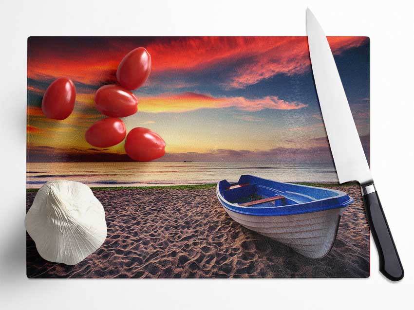 Row Boat Skies Glass Chopping Board