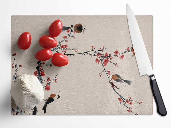 Chinese Cherry Blossom Birds Glass Chopping Board