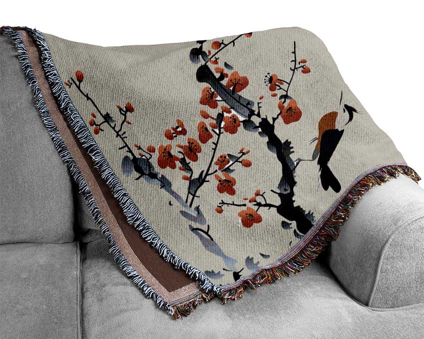 Chinese Cherry Blossom Birds Woven Blanket