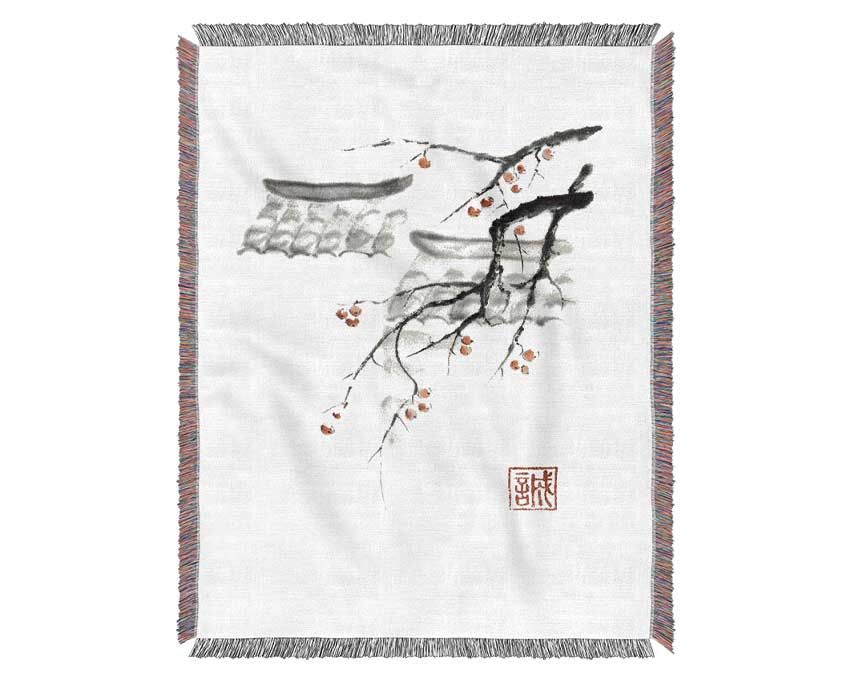 Chinese Cherry Blossom Roof Tops Woven Blanket