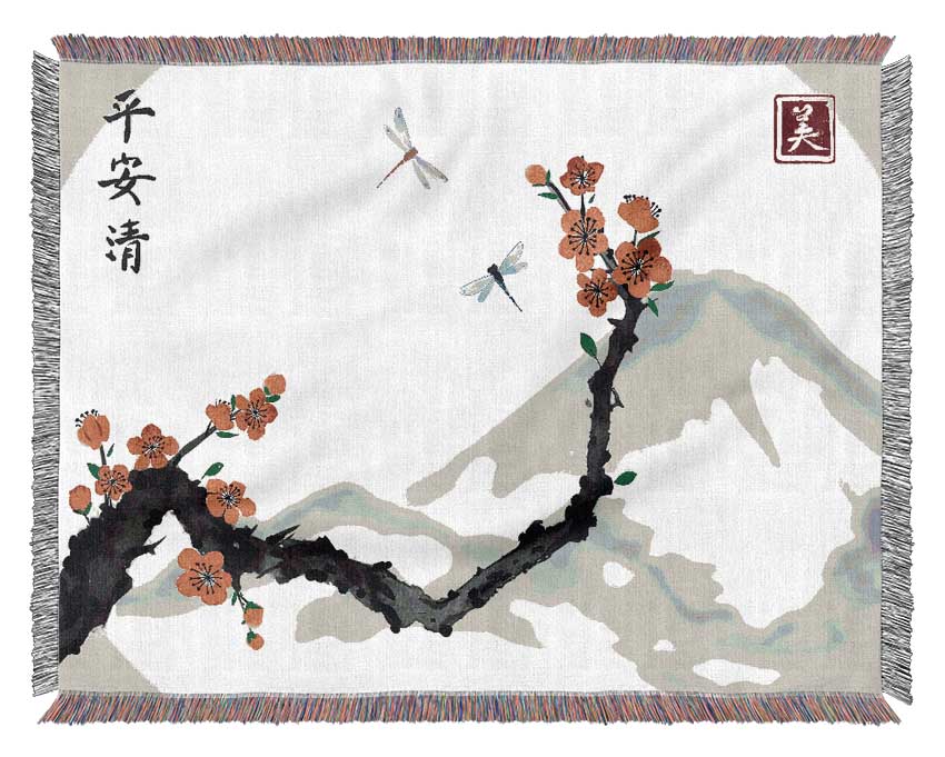 Chinese Cherry Blossom Mountains Woven Blanket