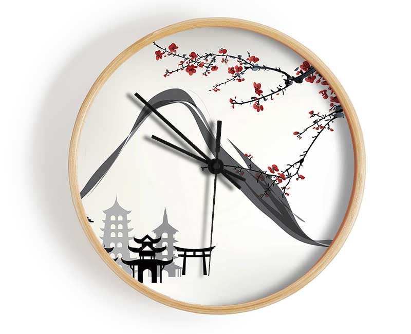 Mountains And Chinese Cherry Blossom Clock - Wallart-Direct UK