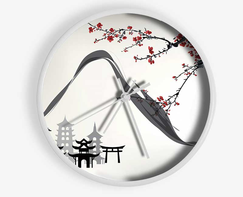 Mountains And Chinese Cherry Blossom Clock - Wallart-Direct UK