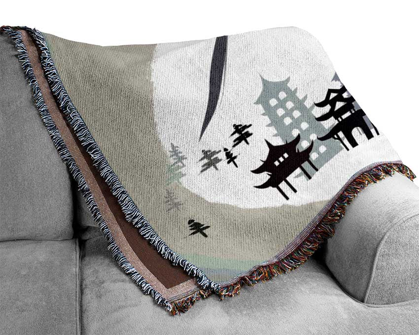 Mountains And Chinese Cherry Blossom Woven Blanket