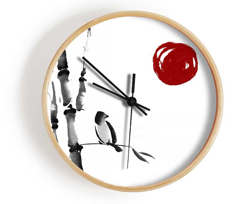 Japanese Bamboo Bird In The Red Sun Clock - Wallart-Direct UK