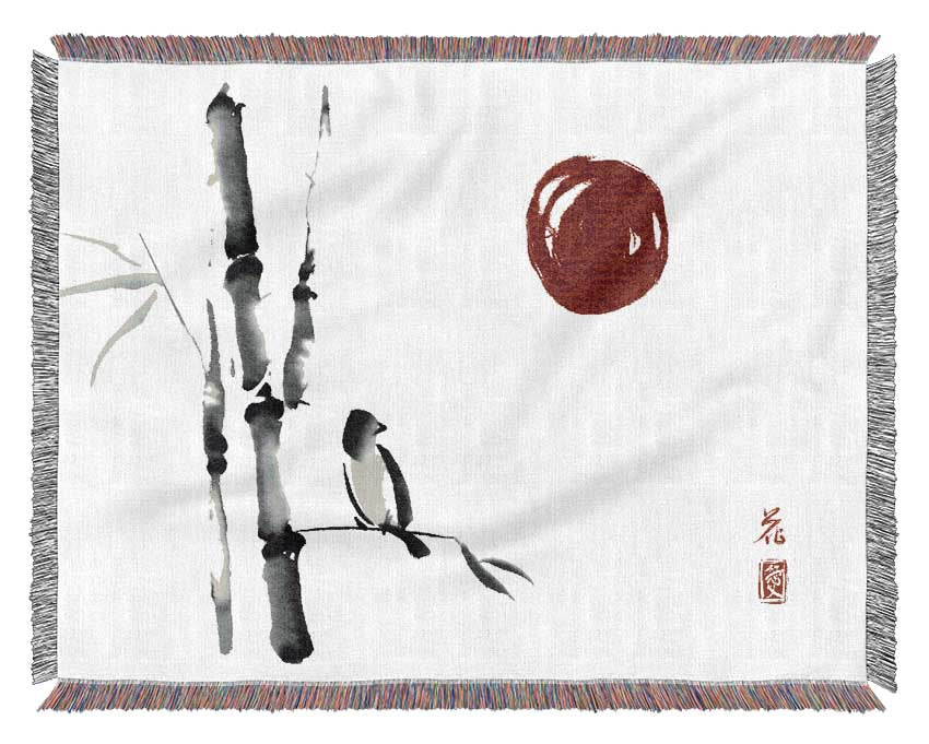 Japanese Bamboo Bird In The Red Sun Woven Blanket