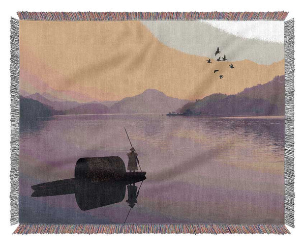 Chinese Fisherman At Dusk Woven Blanket