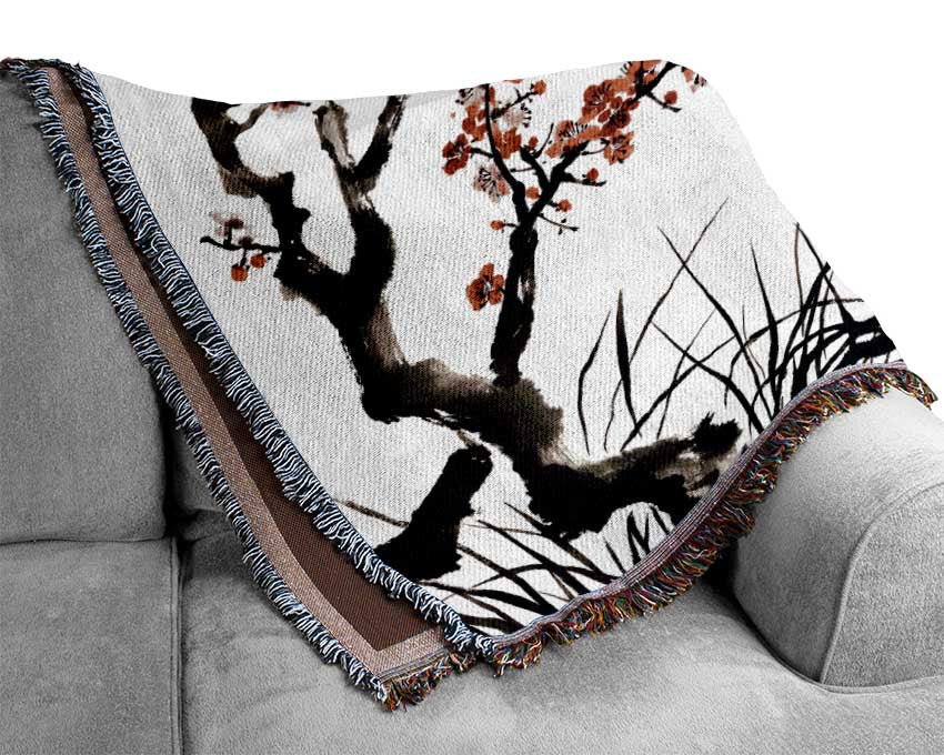 Chinese Cherry Blossom Grasses Woven Blanket