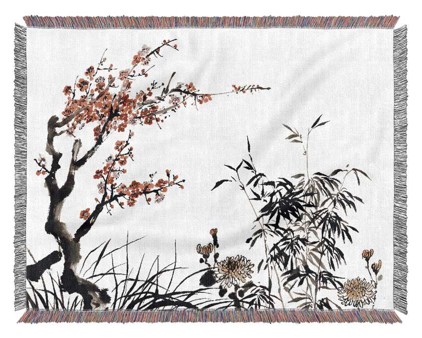 Chinese Cherry Blossom Grasses Woven Blanket