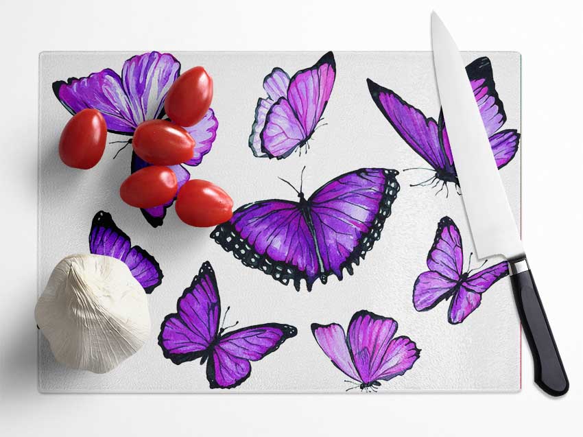 Purple Butterfly Frenzy Glass Chopping Board